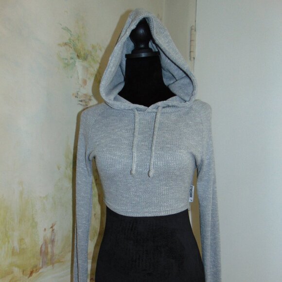 Gymshark Heather Gray Stretchy Ribbed Thermal Knit Hoodie Activewear Gym Workout - Picture 1 of 10